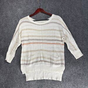 Ann Taylor LOFT Sweater Women XS White Striped Loose Knit Cotton Linen Pockets